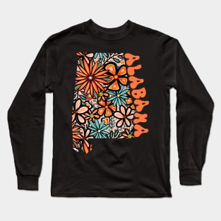 Alabama State Design | Artist Designed Illustration Featuring Alabama State Outline Filled With Retro Flowers with Retro Hand-Lettering Long Sleeve T-Shirt